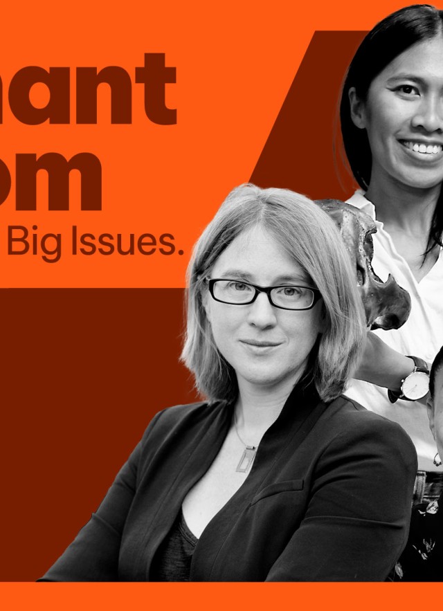 Orange border around Mairin Balisi, Charles Annenberg Weingarten, Emily Lindsey, and Jazlyn Mooney, against a maroon background  