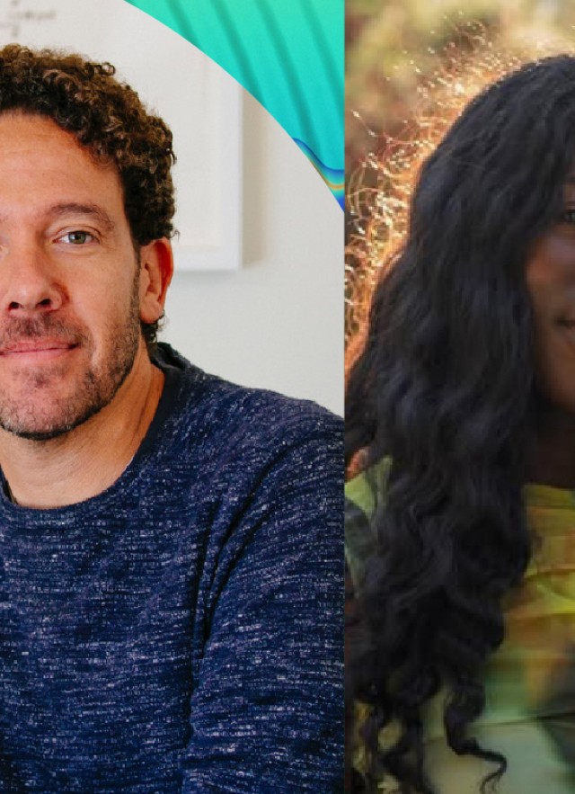 Head and shoulders portrait of DJ Kurs, wearing a blue long sleeve shirt, next to a head and shoulders portrait  Dr. Yewande Pearse, wearing a yellow and green long sleeve shirt