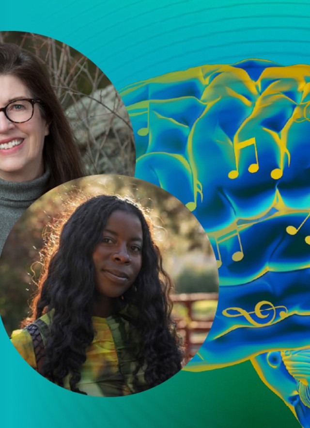 Circular frames around Dr. Susan Rogers and Dr. Yewande Pearse next to an illustration of a brain in blue, aqua, and yellow, against a blue and sea-green background