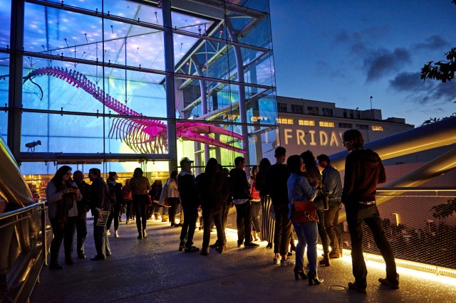 otis booth pavilion lit up first fridays event crowd