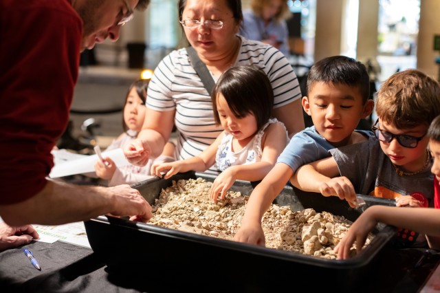 Children and parents look at fossils in the Grand Foyer during Homeschool Day at the Natural History Museum