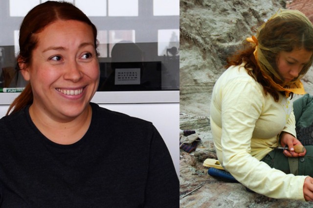 Erika Durazo smiling and wearing a black t-shirt next to a photo of her wearing a yellow sheer scarf, yellow shirt, and green pants sitting crossed-leg in rocky terrain