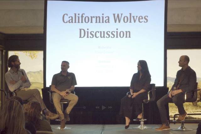 Four people sitting in swivel chairs on a stage with a screen behind them with the title &quot;California Wolves Discussion&quot;