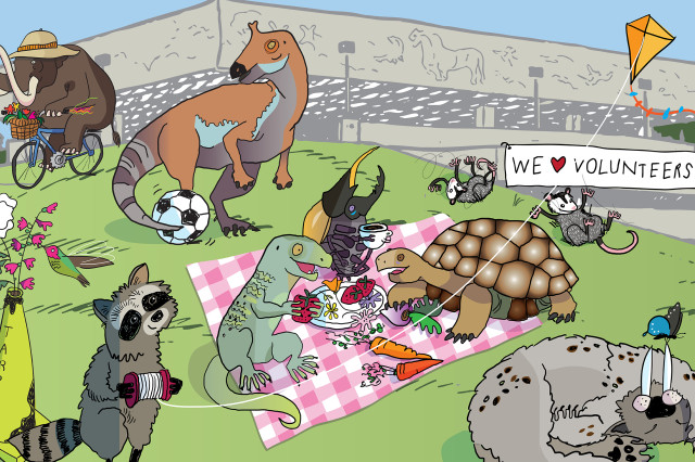 Dinosaurs, mammoth on a bicycle, raccoon, tortoise and other creatures on a green hill having a picnic in front of musuem building