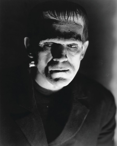 Still image from horror film Frankenstein, Frankenstein's monster looks to the left. 